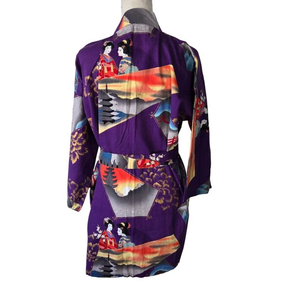 Japanese Kimono Robe Raw Silk Geisha Landscape Print Purple Open Front Belt Vtg - Picture 3 of 10